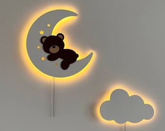 Moon nightlight for baby, baby room lighting, Bear lamp, nursery decor, kids wall light, Moon light lamp, nursery lighting, kids gift
