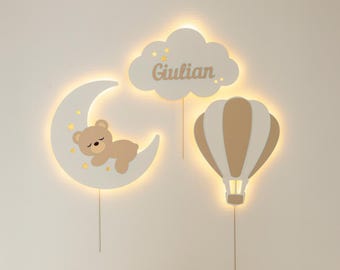 Personalized Bear Moon Night Light Set - Custom Cloud Name Lamp + Balloon - Nursery Wall Decor for Baby Room - Gift for Newborn