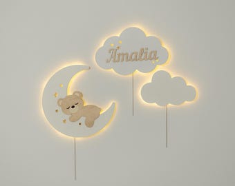 Personlig nattlampa - Björn på månen - Anpassad molnlampa med namn - Barnrumsinredning