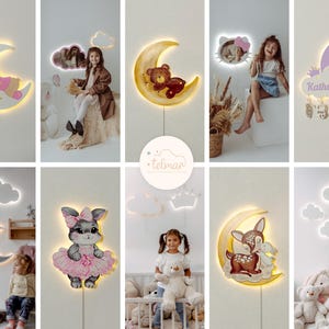 May include: A collection of wooden nightlight lamps featuring various designs, including a crescent moon with a sleeping bear, a cloud with a crown, a bunny in a pink tutu, a deer with a fawn, and a crescent moon with a nameplate that reads "Katherine".