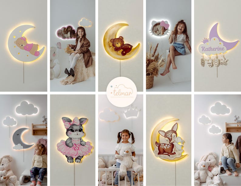May include: A collection of wooden nightlight lamps featuring various designs, including a crescent moon with a sleeping bear, a cloud with a crown, a bunny in a pink tutu, a deer with a fawn, and a crescent moon with a nameplate that reads "Katherine".