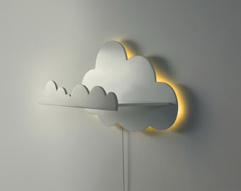 Veilleuse étagère nuage pour enfants – Applique murale en bois avec rangement – Veilleuse LED pour chambre de bébé – Décoration de chambre de bébé – Lampe étagère nuage flottante