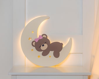 Bear on Moon Night Light – Personalized Nursery Lamp – Baby Shower Gift – Kids Room Decor – Birthday Present – Custom Name Light