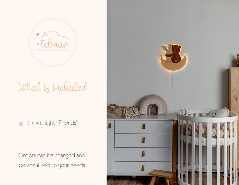 May include: A wooden night light shaped like a crescent moon with a brown bear and a bunny sitting on it. The night light is lit up and casts a warm glow. The text "Friends" is written on the product description.