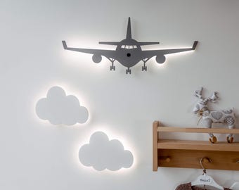 Set of 3 Kids Nightlights – 2 Cloud Shaped and 1 Airplane Night Light for Children’s Room, Soft LED Lights, Perfect Nursery Decor