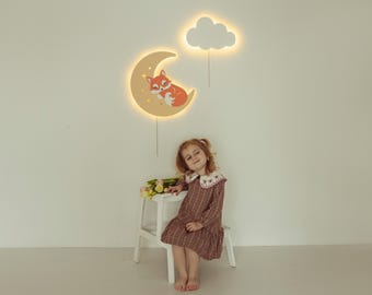 Fox and Cloud Wall Night Light – Wooden LED Lamp, Kids Room Decor, Nursery Wall Light, Baby Shower Gift for Children’s Bedroom