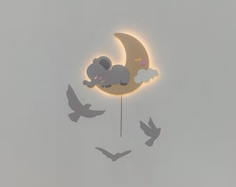 Elephant on the Moon Night Light – Wooden Nursery Light, Baby Room Decor, Kids LED Night Lamp, Animal Wall Light, Toddler Nightlight