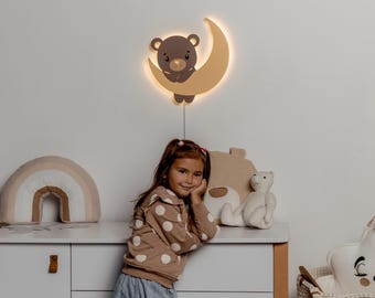 Wooden Bear Night Lamp For Kids - Wood nursery lights, handmade decor children lamp, kid decoration, kid furniture, toddler, baby room