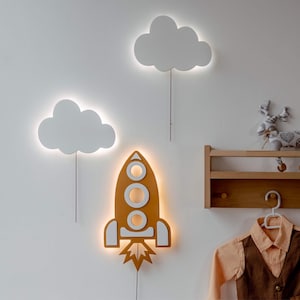 Rocket Night Light with 2 Clouds – Wooden Space-Themed Nursery Lamp, LED Wall Light for Kids Room, Boys Bedroom Decor, Nightlight