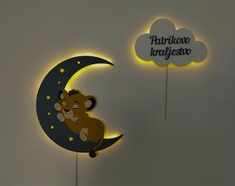 Lion Moon Wall Night Light with Personalized Cloud, Nursery LED Lamp, Baby Room Decor, Custom Name Sign, Kids Wall Lamp, Lion Nightlight