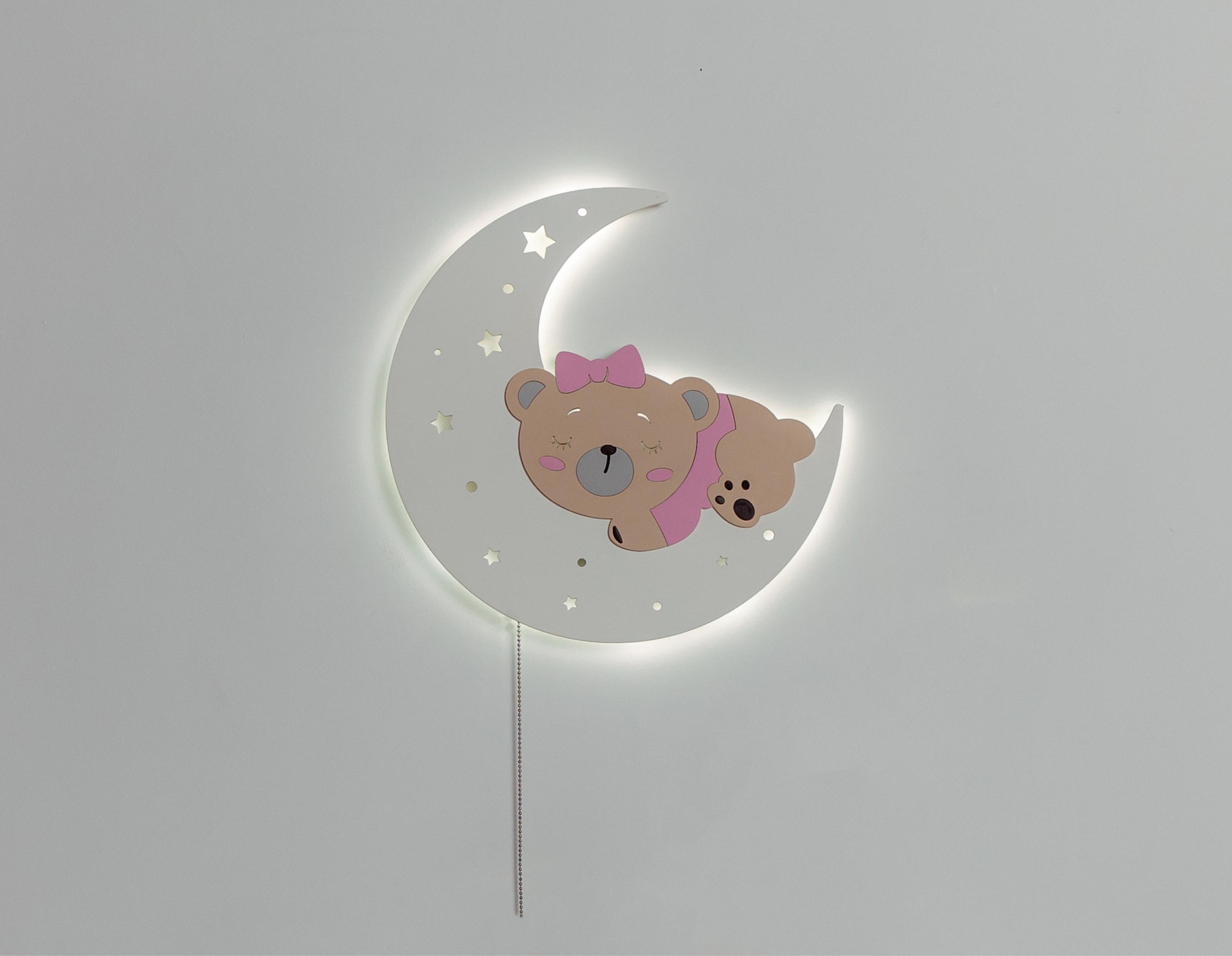 Wooden Night Light Bear on the Moon – LED Baby Nightlight, Cozy Nursery Decor, Kids Room Lamp, Newborn Gift