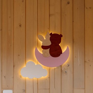 Nursery Wall Night Light Bear Bunny Moon, Kids Room LED Lamp, Baby Wall Decor Cloud Light Set, Wooden Night Lamp Nursery Gift