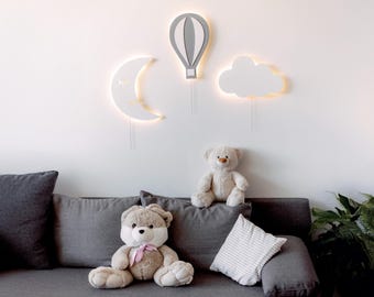 Hot Air Balloon, Cloud & Moon Wall Night Light Set – Wooden LED Nursery Decor – Kids Room Wall Lamp – Soft Warm Glow