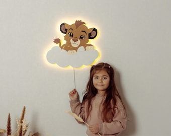 Childrens Lion on Cloud Night Light - LED Nursery Lamp - Wooden Animal Nightlight for Kids Room Decor