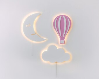 Personalized Moon and Balloon LED Night Light – Custom Name Nursery Wall Lamp – Baby Room Decor – Hot Air Balloon Nightlight – Kids Gift