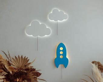 Rocket Night Light for Kids Wall - Cloud LED Nursery Lamp, Wooden Wall Light for Boys Room, Space Theme Nightlight, Baby Room Decor