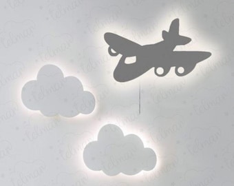Éclairage de salle d’avion Éclairage mural de chambre d’enfant Cadeau de bébé garçon Lampe murale légère d’avion et de nuage Décoration de chambre de bébé pour enfants Cadeau de douche de bébé pour tout-petit