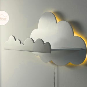 Cloud Shelf Night Light for Kids – Wooden Wall Lamp with Storage – Nursery LED Nightlight – Baby Room Decor – Floating Cloud Shelf Lamp