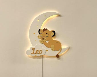 Lion on Moon Night Light, Personalized Christmas Gift, Kids Wall Lamp, Nursery LED Light, Baby Room Decor, Holiday Bedroom Lamp