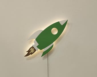 Houten raketnachtlampje - Ruimtedecoratie voor kinderkamer, wandlamp voor de kinderkamer, kraamcadeau, kerstcadeau voor kind, gepersonaliseerde raketlamp