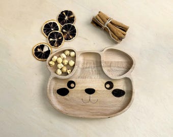 Wooden Bear Shaped Kids Plate - Eco-Friendly Baby Feeding Dish - Toddler Snack Tray - Natural Wooden Tableware for Children