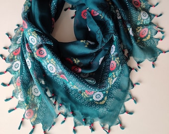 Handmade Hippie Scarf, Bohemian Tassel Shawl, Turkish Lace Scarf,Regional Ethnic Motif Beaded Scarf,Handmade Tassel Scarf