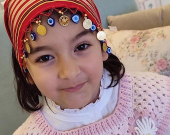 Turkish Blacksea Regional Headband, Keşan Puşi, Beaded Gold Lira Scarf, Eye Beaded Girls Crown,Turkish Traditional Puşi