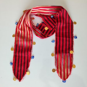 Handmade Turkish Keşan Bandana – Ethnic Cotton Head Scarf – Black Sea Traditional Headwrap with Evil Eye Beads and Coins