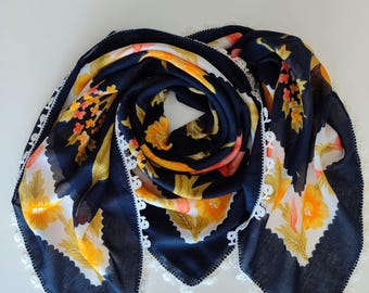 Ręcznie robiony szalik bawełniany, chusta na głowę Oya z kwiatowym wzorem, bandana boho, tkanina z szydełkowanym brzegiem