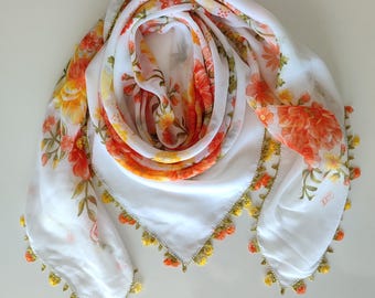 Turkish Needle Lace Scarf, Hand Embroidered Anatolian Pattern Shawl, Vintage Traditional Motifs Summer Cheesecloth