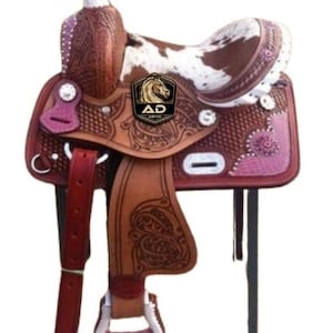 Hair on Padded Seat Western Barrel Racing Horse Saddles Premium Leather Comfort Quality Trail Equestrian, 10-18 inches Seat, Free Shipping
