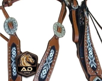 Leather Western Horse Tack Set, Beaded Hand Tooled Equestrian Headstall, Breast Collar, Reins