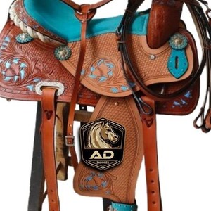 Barrel Racing Western Horse Saddle Turquoise Seat Paint Premium Leather Comfort Quality Trail Equestrian Pony-Adult 10-18 inch Free Shipping
