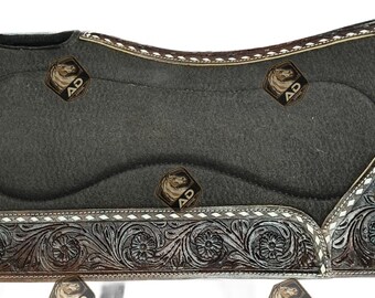 Wool Blend Horse Saddle Pad, Hand Tooled Leather Trim 32x31