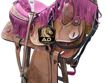Hecha a mano Pink Cross Western Barrel Racing Leather Tack Saddle Excelente cali