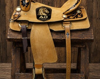 Western Wade Tree Abseilender Sattel, Leder, Hand punziertes Korbgeflecht, Reitsport Tack