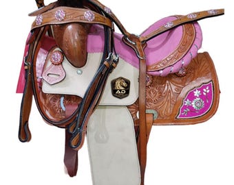 Selle Western Barrel Racing En Cuir Avec Tapis Et Filet – Taille 10 à 18 Pouces