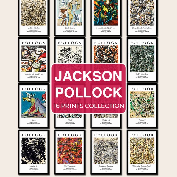 Jackson Pollock Print Set of 16, Jackson Pollock Canvas Modern Painting, Instant Digital Download & Print | Printable Pollock Wall Poster