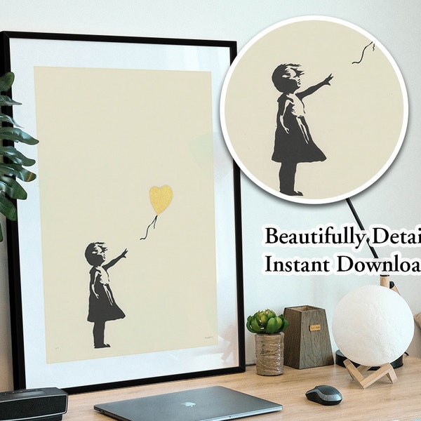 Banksy Balloon Girl Art Print, Instant Download Print | Printable Digital File, Banksy Wall Art, Banksy Girl with Gold Balloon Canvas Poster