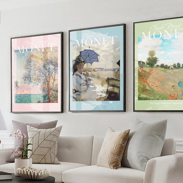 Set of 3 Monet Prints, Monet Gallery Wall Set, Pastels Monet Gallery Set, Claude Monet Poster, Printable Wall Art, Monet Antibes Set 3