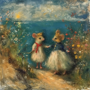 Seaside Waltz – Giclée Art Print | 6x6&quot; | Whimsical Mouse / Mice with Crowns | Vintage Storybook  Art