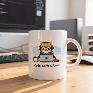 May include: White ceramic mug featuring a cartoon cat wearing glasses and headphones, working on a laptop. The mug has the text "Code. Coffee. Paws." and a small coffee cup graphic. The mug is on a wooden desk.