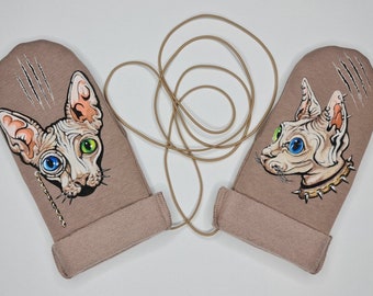 Mittens, handmade, winter, handpainted, Christmas. Cats.