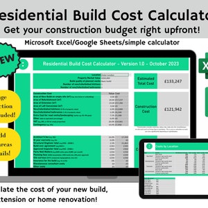 Puede incluir: Un portátil y una tableta muestran una hoja de cálculo con un esquema de color verde y blanco. La hoja de cálculo se titula "Residential Build Cost Calculator - Version 1.0 - October 2023". La hoja de cálculo calcula el costo total estimado y el costo de construcción de una nueva construcción, una extensión o una renovación de vivienda. La hoja de cálculo incluye campos para el valor de mercado de la propiedad, el área de la nueva construcción, el área de la extensión, el área de la conversión del ático y otros costos. El costo total estimado es de £ 133.247 y el costo de construcción es de £ 121.942.