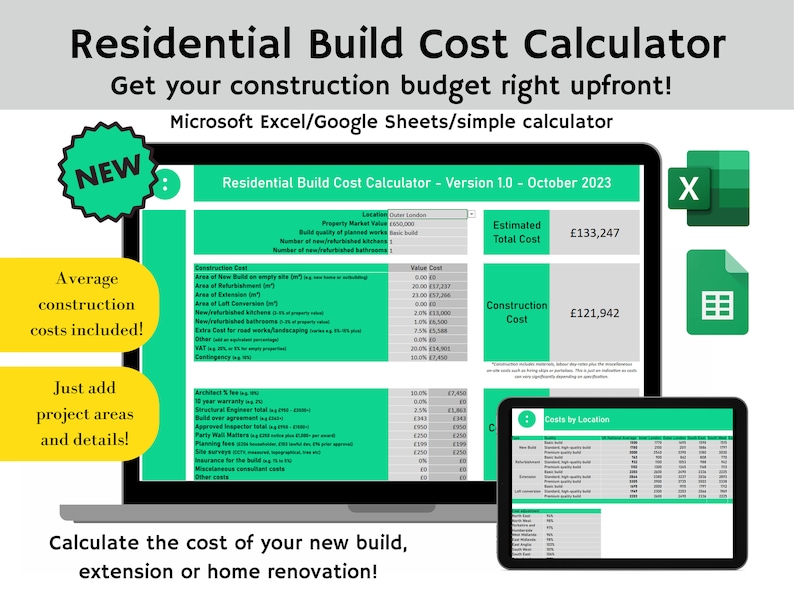 Residential Build Cost Calculator Google Sheets Excel Template