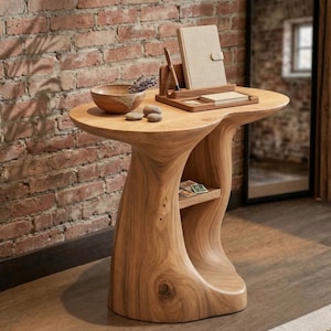 Handcrafted Organic Wood Side Table, Sculptural Pedestal End Table, Unique Curved Solid Wood Entryway Table, Modern Zen Accent Furniture