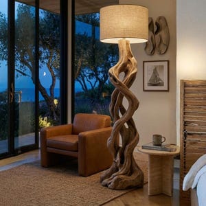Naturalna lampa podłogowa z drewna dryftowego, rustykalna lampa stojąca z korzenia drzewa, organiczna lampa z ręcznie robioną rzeźbą z drewna, wyjątkowy wystrój rustykalny, prezent w stylu nadmorskim