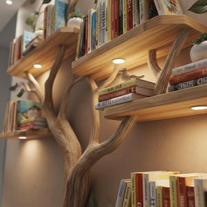 Estantería de pared con forma de árbol, estante flotante de madera con forma de árbol, estantes grandes para biblioteca infantil, librería para habitación de niños, arte de pared único inspirado en la naturaleza.