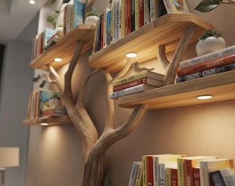 木の本棚の壁飾り、木製フローティングツリーシェルフ、大きな子供部屋用ライブラリーシェルフ、子供部屋の本棚、ユニークな自然をモチーフにした壁アート