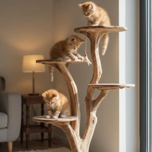 Árbol para gatos de madera natural, torre moderna para gatos de madera flotante, casita para gatos de ramas reales, muebles de lujo para gatos, rascador de madera único para gatos